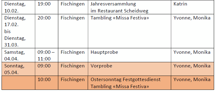 2026 Proben bis Ostern